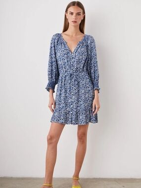 Rails Blue Floral V-Neck ¾ Sleeve Mini Dress